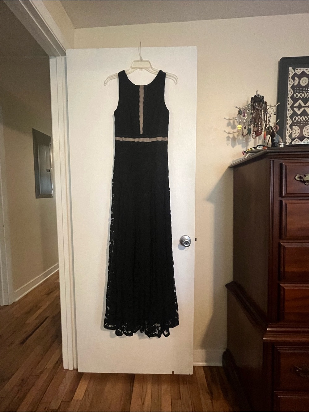 London Times Black Lace Maxi Dress with Sheer Waist Detail
